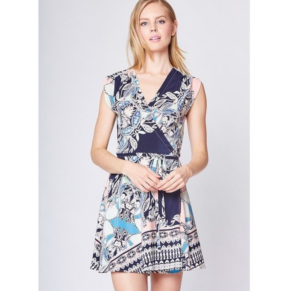 Yumi Kim Navy Blue Pink Cream Printed Wrap Mini Dress